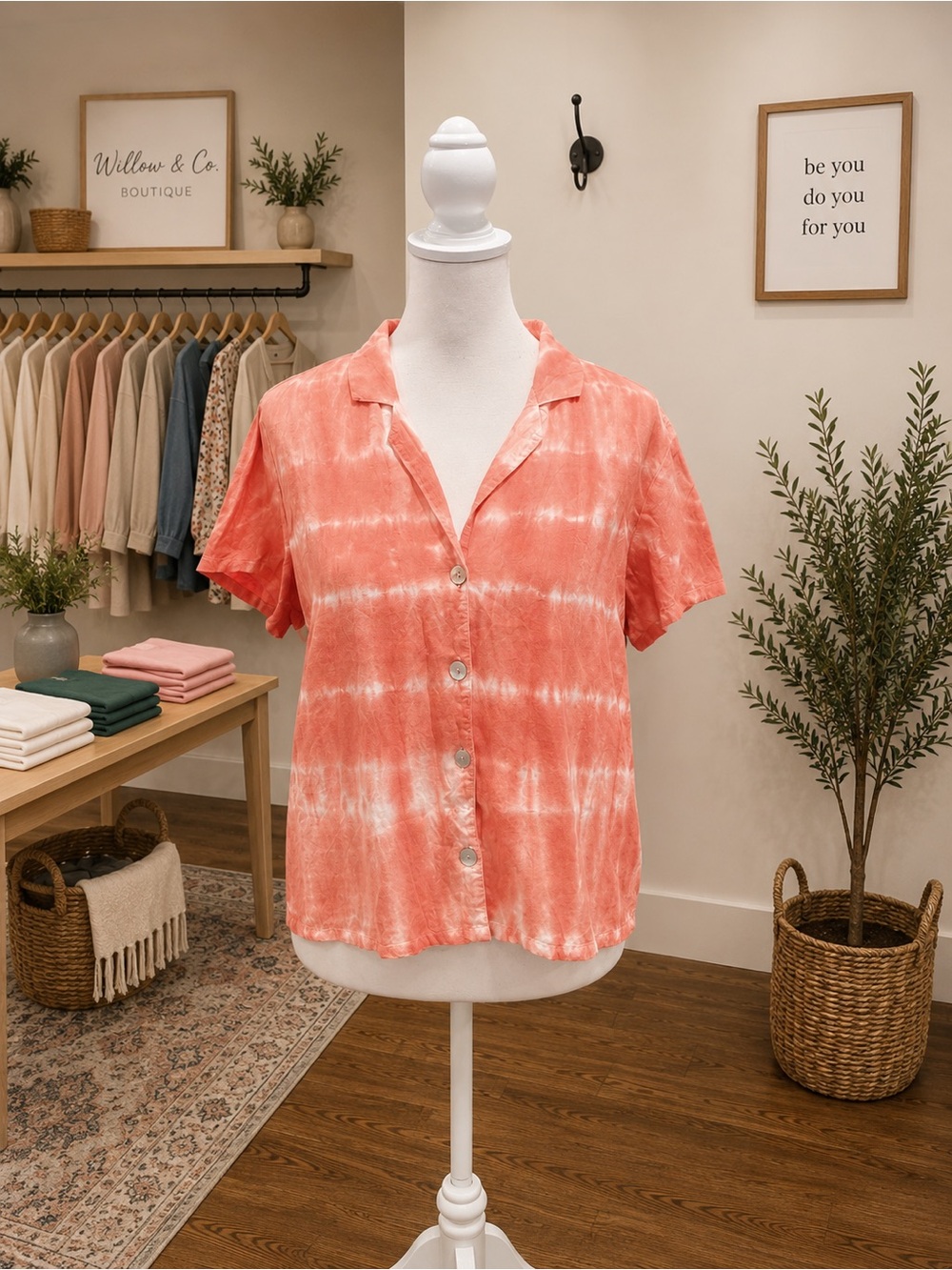 Cloth & Stone Anthropologie Pink Tie Dye Tencel Button Front Shirt Small